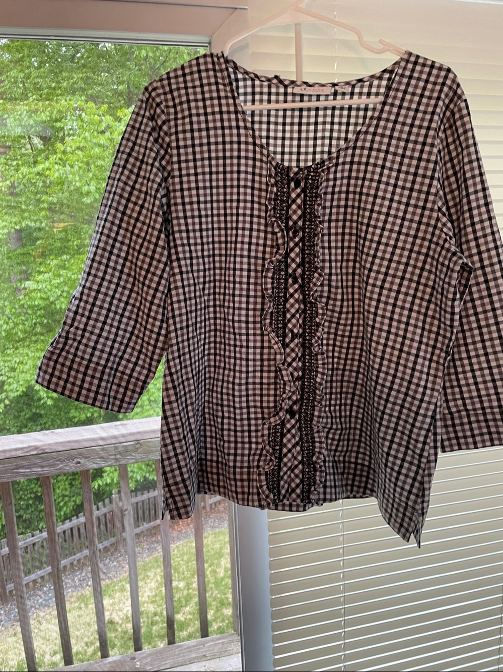 Flattering Black and White Gingham Ruffle Button down  Women’s Top